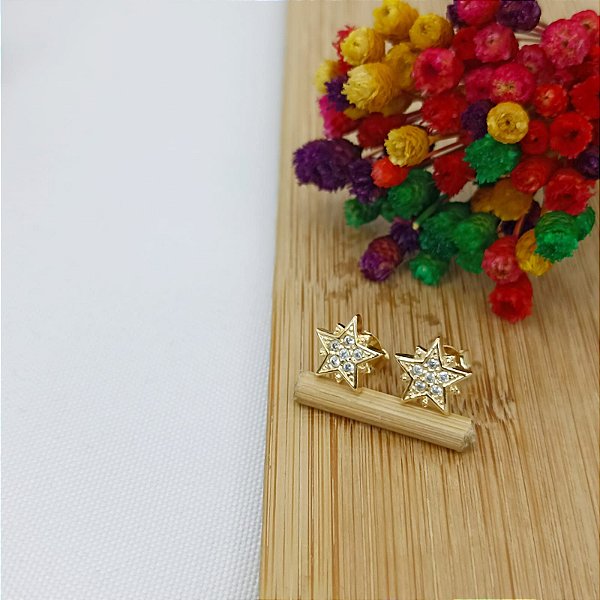Brinco Banhado A Ouro Fixo De Estrela Com Zircônia Bijou Art