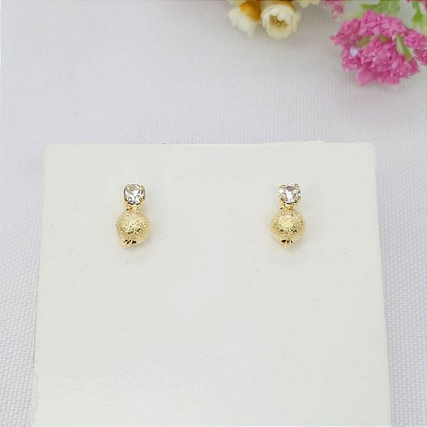 Brinco Banhado A Ouro Fixo Com Strass E Bola Bijou Art
