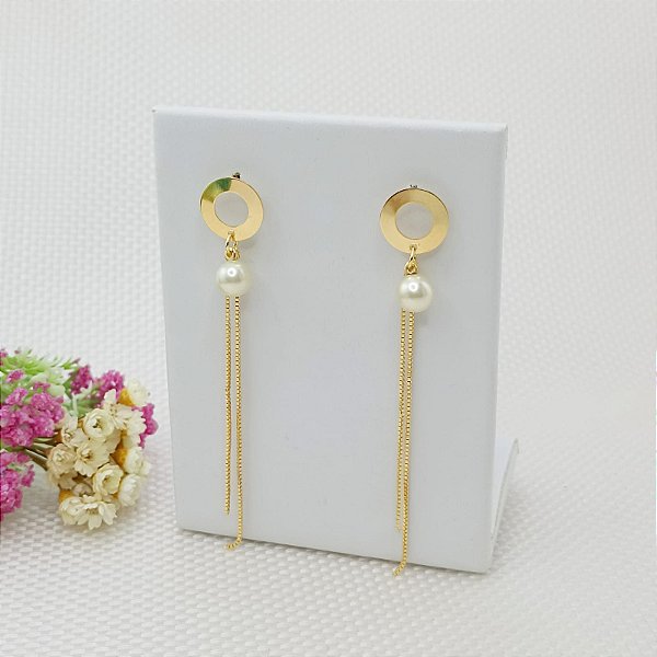 Brinco Banhado A Ouro Pendurado Com Corrente e Pérola Bijou Art