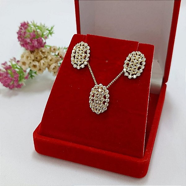 Conjunto Banhado a Ouro Brinco, Corrente e Pingente Oval Com Zircônia Bijou Art