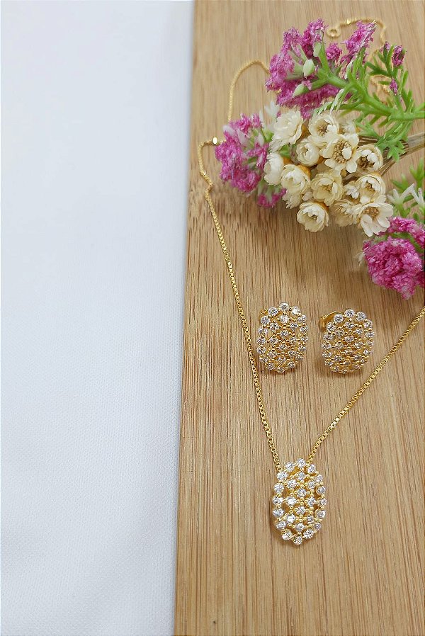 Conjunto Banhado a Ouro Brinco, Corrente e Pingente Oval Com Zircônia Bijou Art