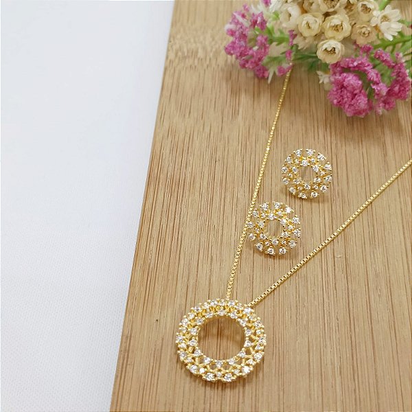 Conjunto Banhado a Ouro Brinco, Corrente e Pingente Redondo Com Zircônia Bijou Art