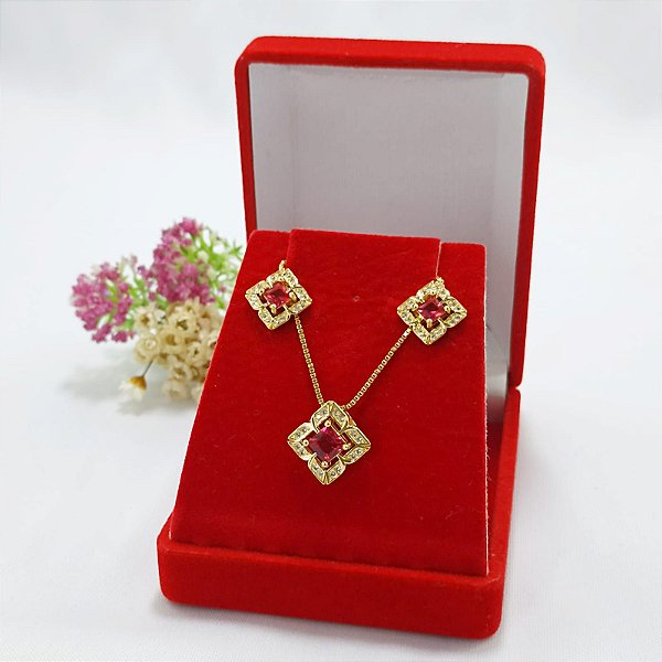 Conjunto Banhado a Ouro Pingente Corrente e Brinco Com Zircônia Bijou Art