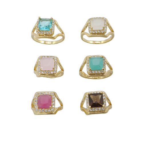 Anel Banhado a Ouro Com Pedra Colorida Quadrada Bijou Art