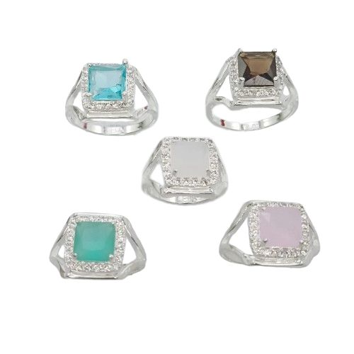 Anel Banhado a Prata Com Pedra Quadrada Colorida Bijou Art