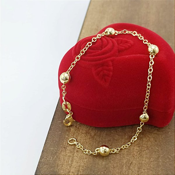 Pulseira Banhada a Ouro Elo Argola Com Bolas Bijou Art