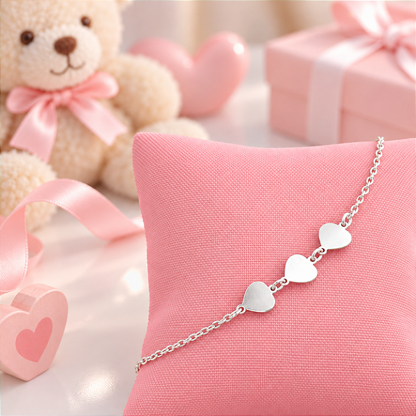 Pulseira Infantil De Prata Com Corações Lisos Bijou Art