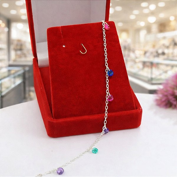 Pulseira Infantil Banhado a Prata Com Pedras Coloridas Bijou Art