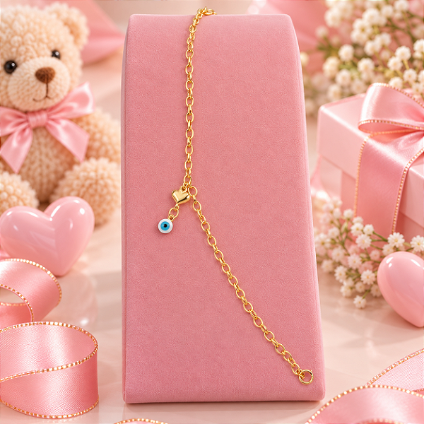 Pulseira Infantil Banhada a Ouro Com Olho Grego e Coração Bijou Art