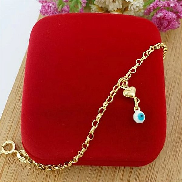 Pulseira Infantil Banhada a Ouro Com Olho Grego e Coração Bijou Art