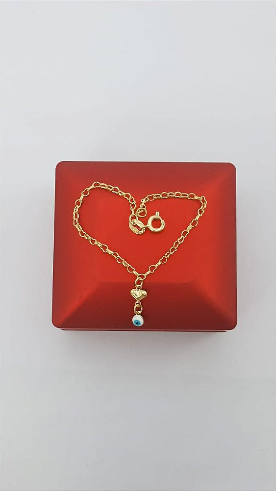Pulseira Infantil Banhada a Ouro Com Olho Grego e Coração Bijou Art