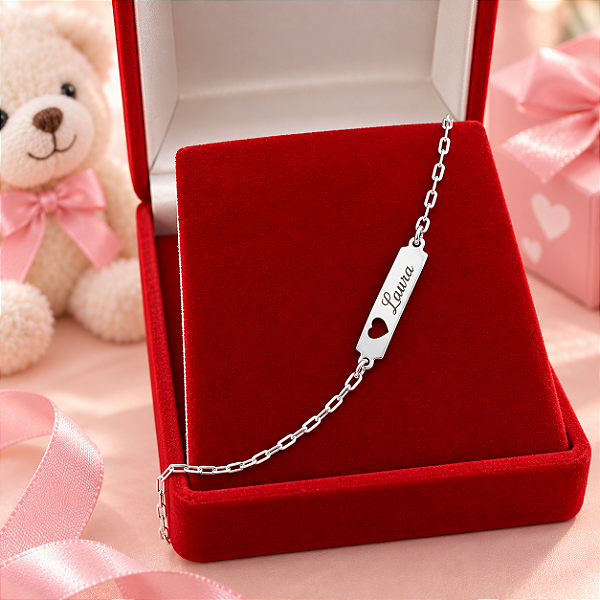 Pulseira Infantil Banhada a Prata De Chapinha Com Coração Bijou Art
