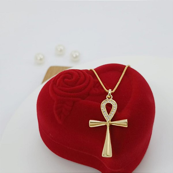 Pingente Banhado a Ouro De Cruz Anasta Lisa Com Pedras Bijou Art