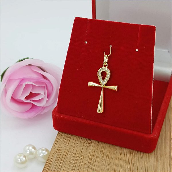 Pingente De Cruz Ansata Com Pedras Banhado A Ouro