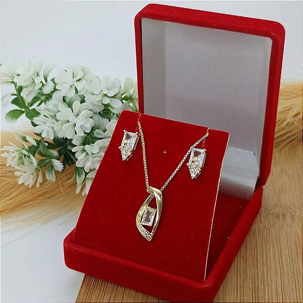 Conjunto Banhado a Ouro Liso Com Pedras Bijou Art