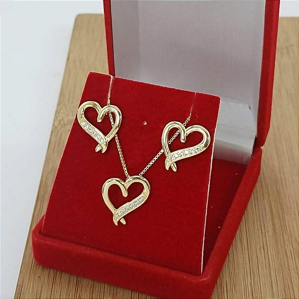 Conjunto Banhado a Ouro De Coração com Pedras Bijou Art