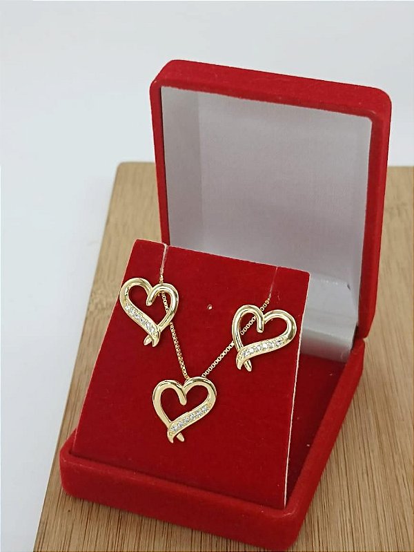 Conjunto Banhado a Ouro De Coração com Pedras Bijou Art