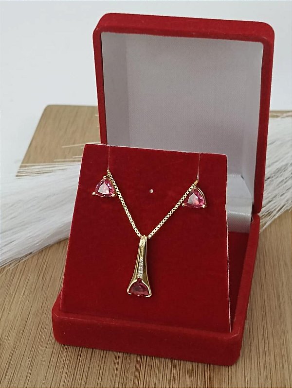 Conjunto Banhado a Ouro De Brinco e Pingente Com Pedra Bijou Art