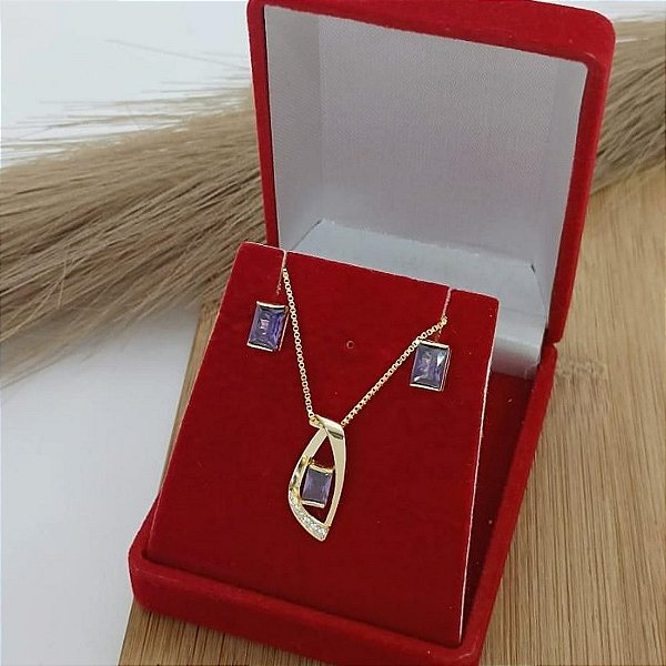 Conjunto Banhado a Ouro Com Pedra Colorida Bijou Art