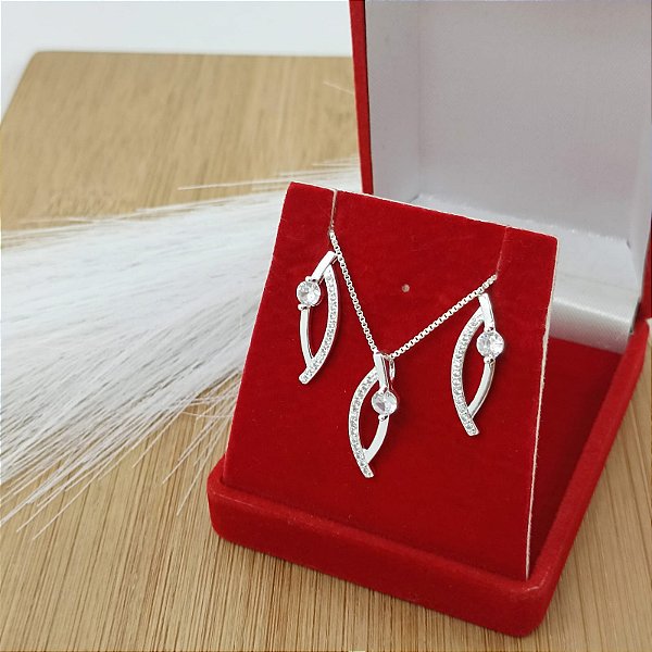 Conjunto Banhado a Prata Liso Com Pedras Bijou Art