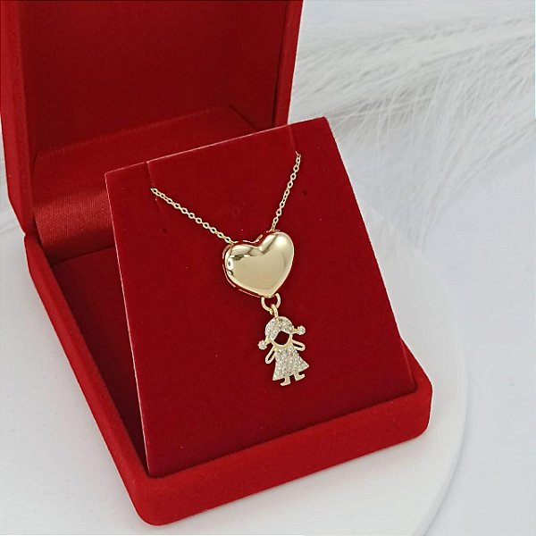 Gargantilha Banhada a Ouro Com Coração e Menina Bijou Art