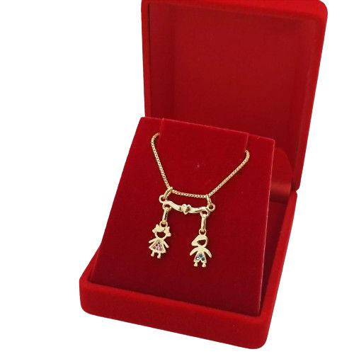 Gargantilha Banhado a Ouro Com Menino e Menina Com Pedra Bijou Art