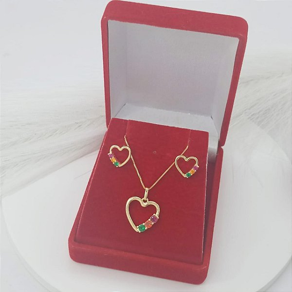 Conjunto Banhado a Ouro De Coração Com Pedras Bijou Art