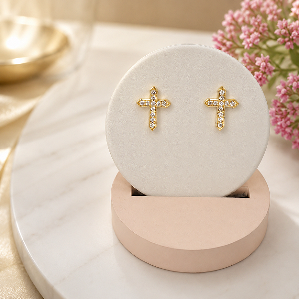 Brinco Banhado A Ouro De Cruz Com Pedras Bijou Art