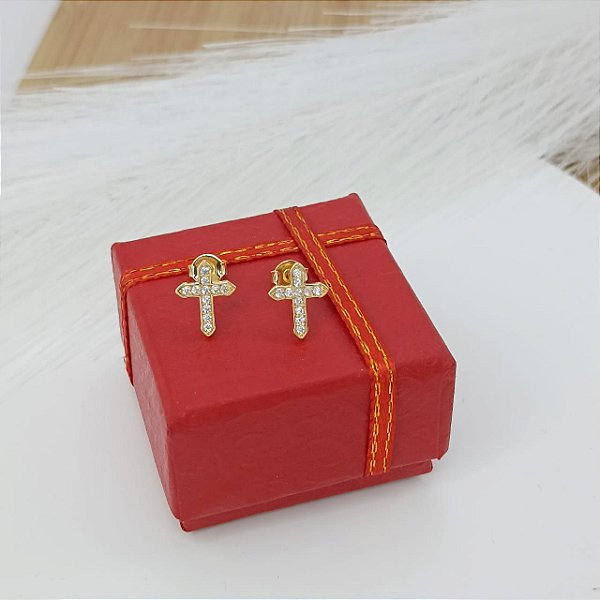 Brinco Banhado A Ouro De Cruz Com Pedras Bijou Art