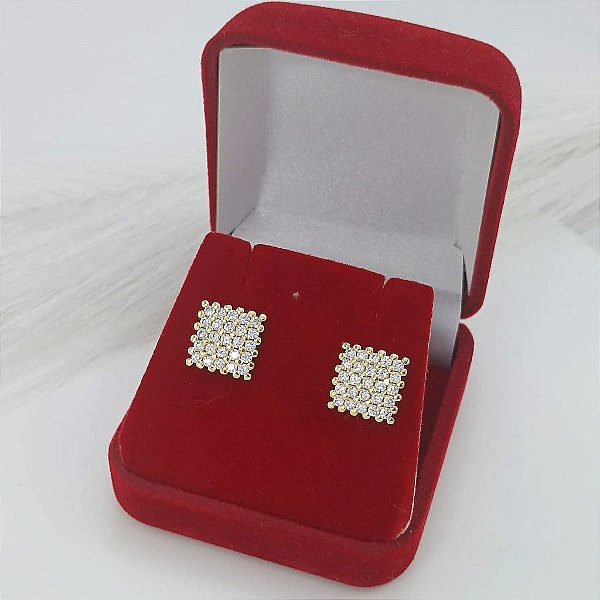 Brinco Banhado a Ouro Quadrado Com Zircônias Bijou Art