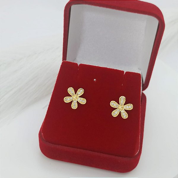Brinco Banhado a Ouro De Flor Com Zircônia Bijou Art