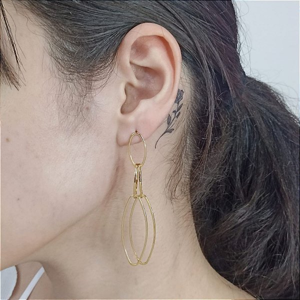 Brinco Banhado a Ouro Pendurado de Aros Ovais Bijou Art