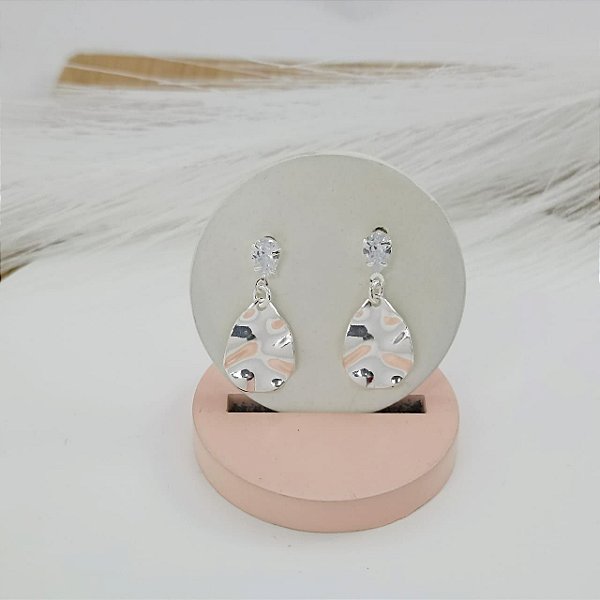 Brinco Banhado a Prata Pendurado Com Pedra e Chapa Bijou Art