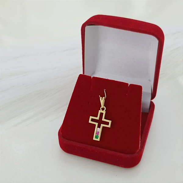 Pingente De Cruz Banhado a Ouro com Pedras Coloridas Bijou Art