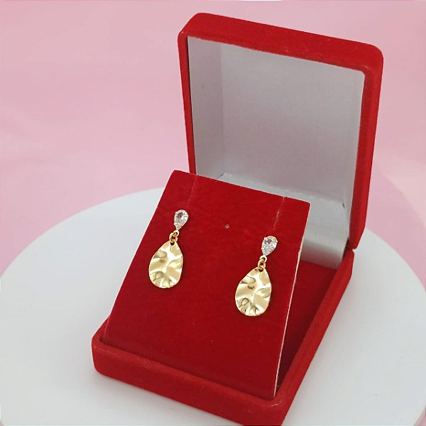 Brinco Banhado a Ouro Pendurado Chapa Gota Lisa Com Zircônia Bijou Art