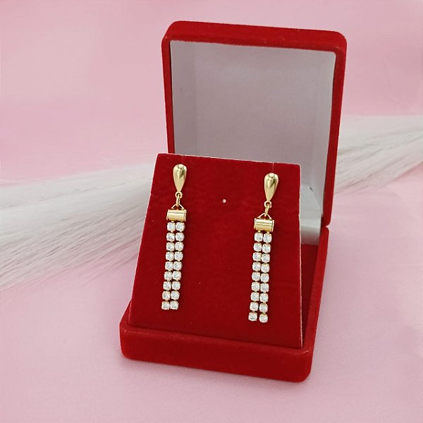 Brinco Banhado a Ouro Com 2 Fileiras De Pedra Bijou Art