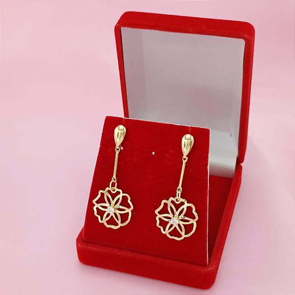 Brinco Banhado a Ouro Pendurado de Flor Com Zircônia Bijou Art