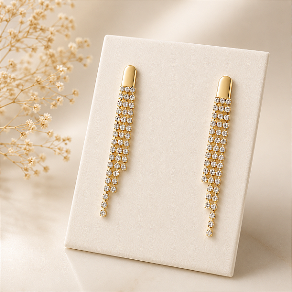 Brinco Banhado a Ouro Pendurado 3 Fileiras Com Pedras Bijou Art