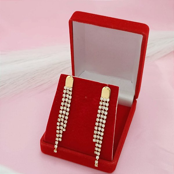 Brinco Banhado a Ouro Pendurado 3 Fileiras Com Pedras Bijou Art