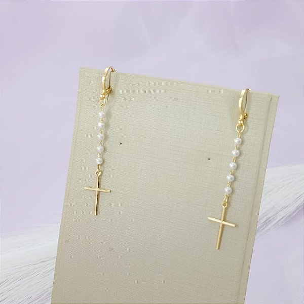 Brinco Banhado a Ouro de Argola Pendurado Com Pérolas e Cruz Bijou Art