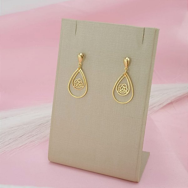 Brinco Banhado a Ouro Pendurado de Gota Com Flor Bijou Art