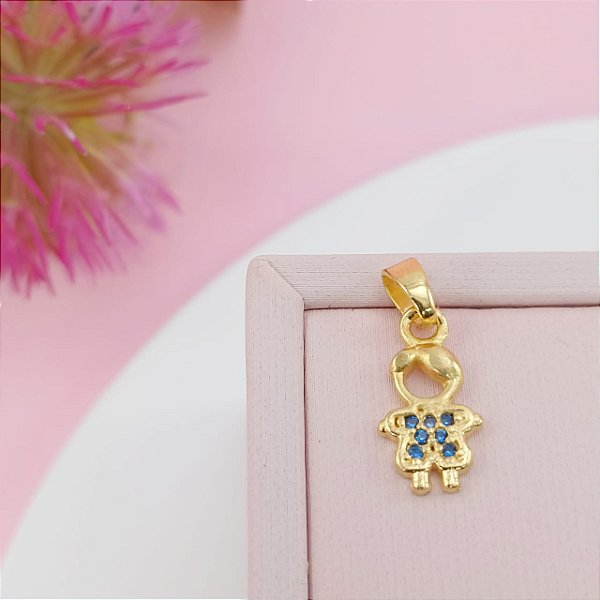 Pingente Banhado a Ouro 18K Menino Com Pedra Azul Bijou Art