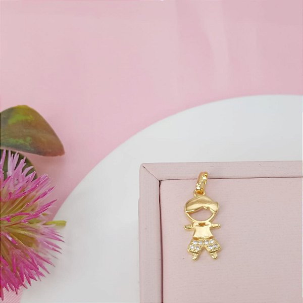 Pingente Menino Banhado a Ouro 18K Cravejado Bijou Art
