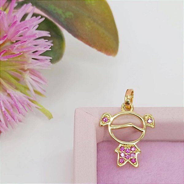 Pingente Menina Banhado a Ouro 18K Com Pedra Rosa Bijou Art