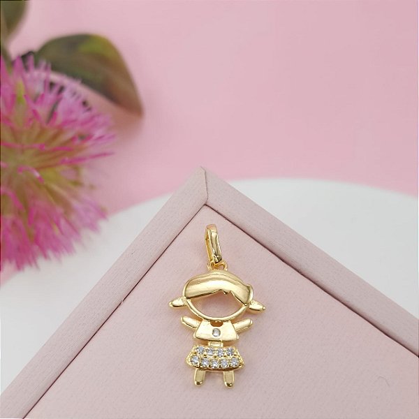 Pingente Banhado a Ouro 18K De Menina Com Pedras Bijou Art