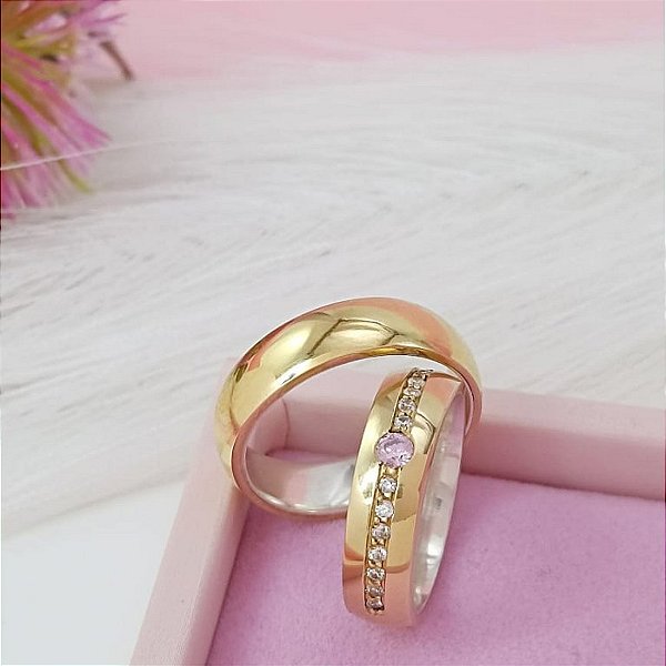 Par De Aliança Moeda Com Forro De Prata Com Pedra Bijou Art