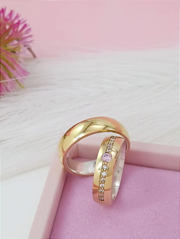 Par De Aliança Moeda Com Forro De Prata Com Pedra Bijou Art