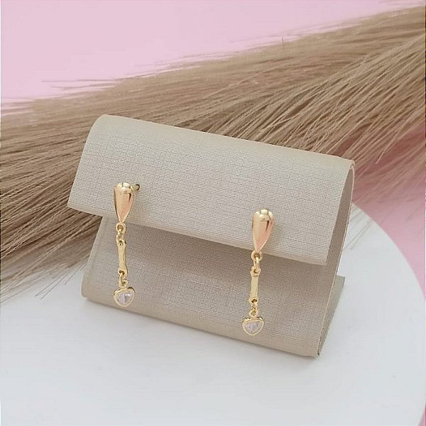 Brinco Feminino Banhado a Ouro 18K Com Zircônia De Coração Bijou Art