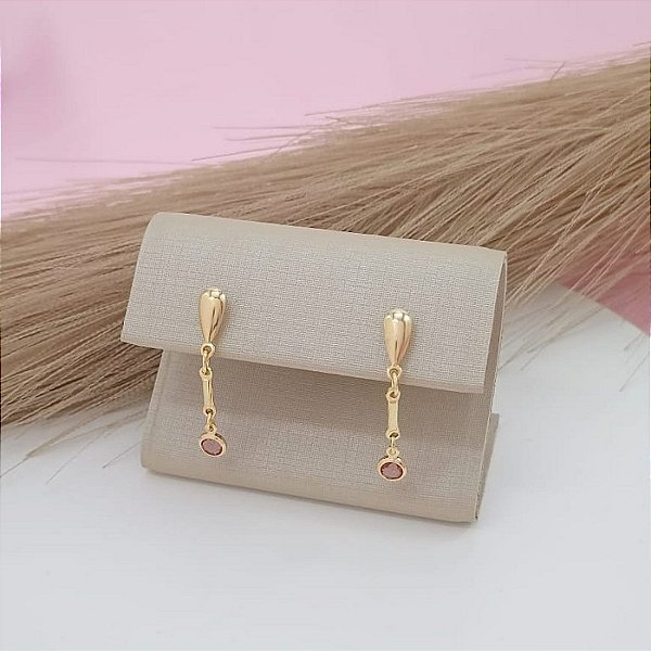 Brinco Pendurado Antialérgico Banhado a Ouro 18K Com Pedra Bijou Art