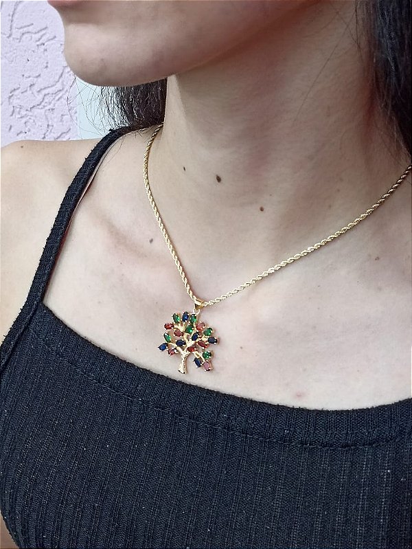 Pingente Arvore Da Vida Com Pedras Banhado a Ouro 18K Bijou Art